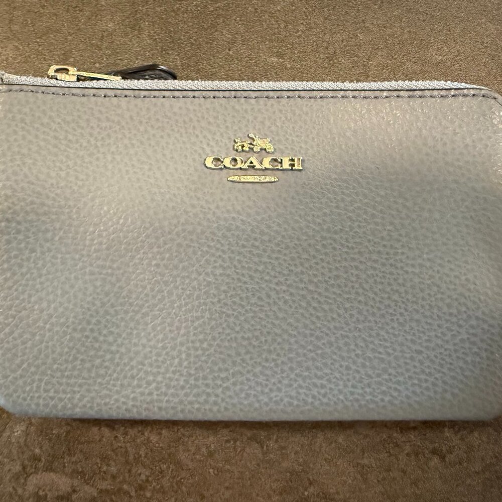 Coach Double Corner Zip Wristlet Light Blue Silver